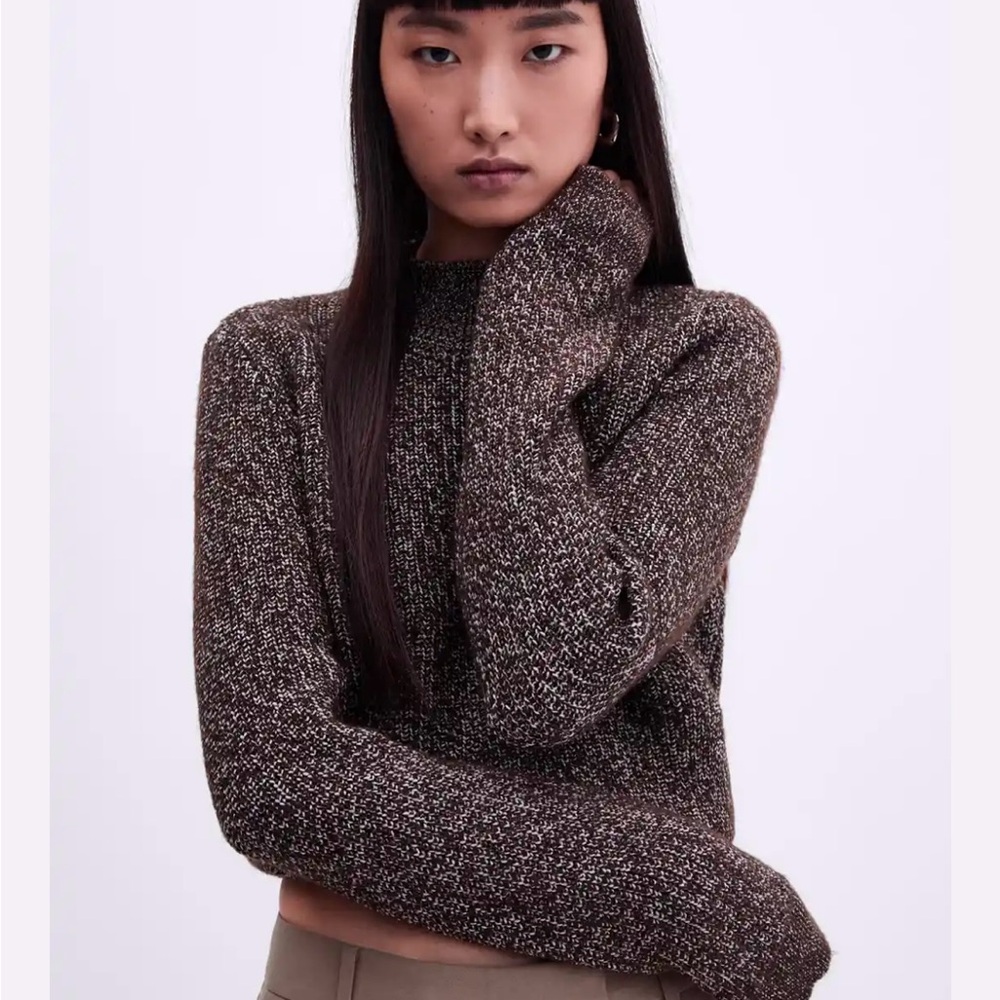 NWT MANGO Jackson Sweater XS Pullover Mock Neck Brown Speckled Knit Warm Cozy